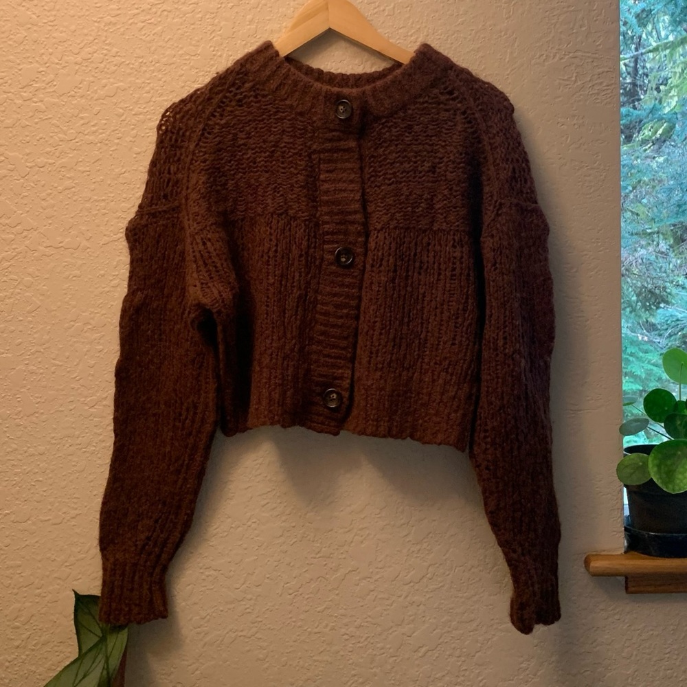 Everlane brown cropped knit sweater alpaca merino wool recycled nylon sz S